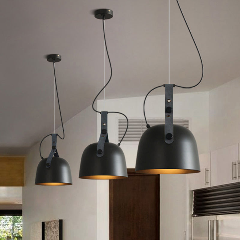 7"/9.5" Dia 1 Light Dome Hanging Lamp Industrial Style Black/Silver/Copper Metal Pendant Lighting with Leather Strap Clearhalo 'Ceiling Lights' 'Modern Pendants' 'Modern' 'Pendant Lights' 'Pendants' Lighting' 1135997