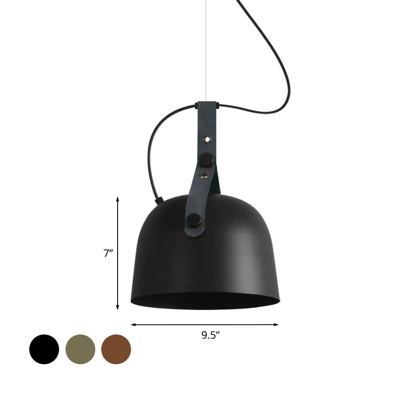 7"/9.5" Dia 1 Light Dome Hanging Lamp Industrial Style Black/Silver/Copper Metal Pendant Lighting with Leather Strap Clearhalo 'Ceiling Lights' 'Modern Pendants' 'Modern' 'Pendant Lights' 'Pendants' Lighting' 1135999