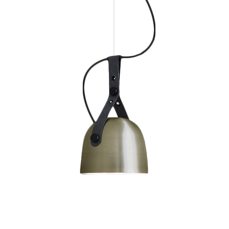 7"/9.5" Dia 1 Light Dome Hanging Lamp Industrial Style Black/Silver/Copper Metal Pendant Lighting with Leather Strap Clearhalo 'Ceiling Lights' 'Modern Pendants' 'Modern' 'Pendant Lights' 'Pendants' Lighting' 1136003