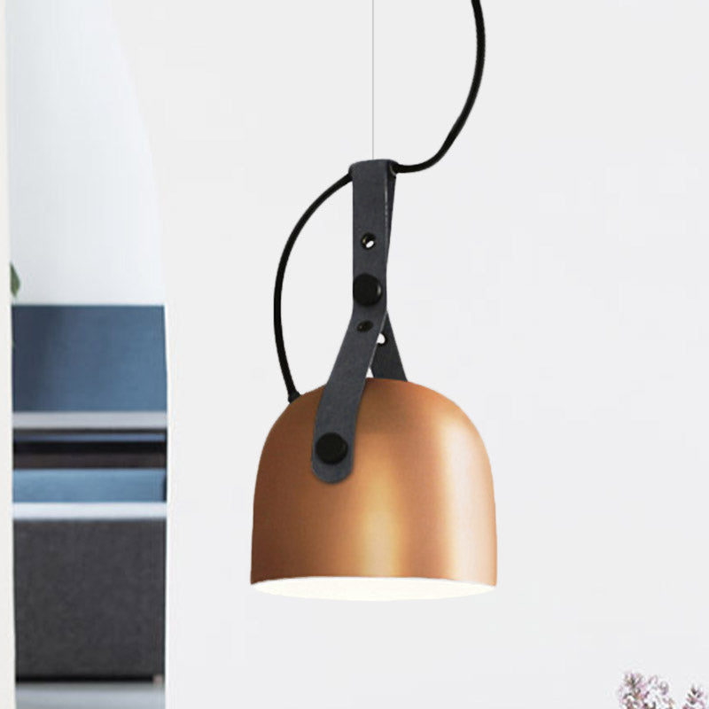 7"/9.5" Dia 1 Light Dome Hanging Lamp Industrial Style Black/Silver/Copper Metal Pendant Lighting with Leather Strap Copper 9.5" Clearhalo 'Ceiling Lights' 'Modern Pendants' 'Modern' 'Pendant Lights' 'Pendants' Lighting' 1136004