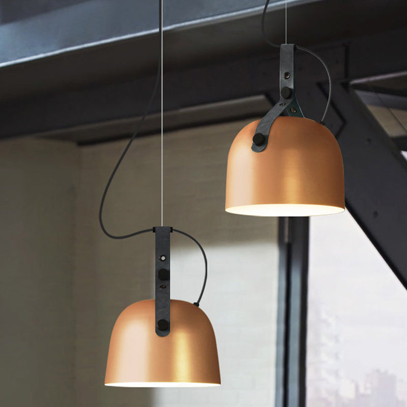 7"/9.5" Dia 1 Light Dome Hanging Lamp Industrial Style Black/Silver/Copper Metal Pendant Lighting with Leather Strap Clearhalo 'Ceiling Lights' 'Modern Pendants' 'Modern' 'Pendant Lights' 'Pendants' Lighting' 1136005