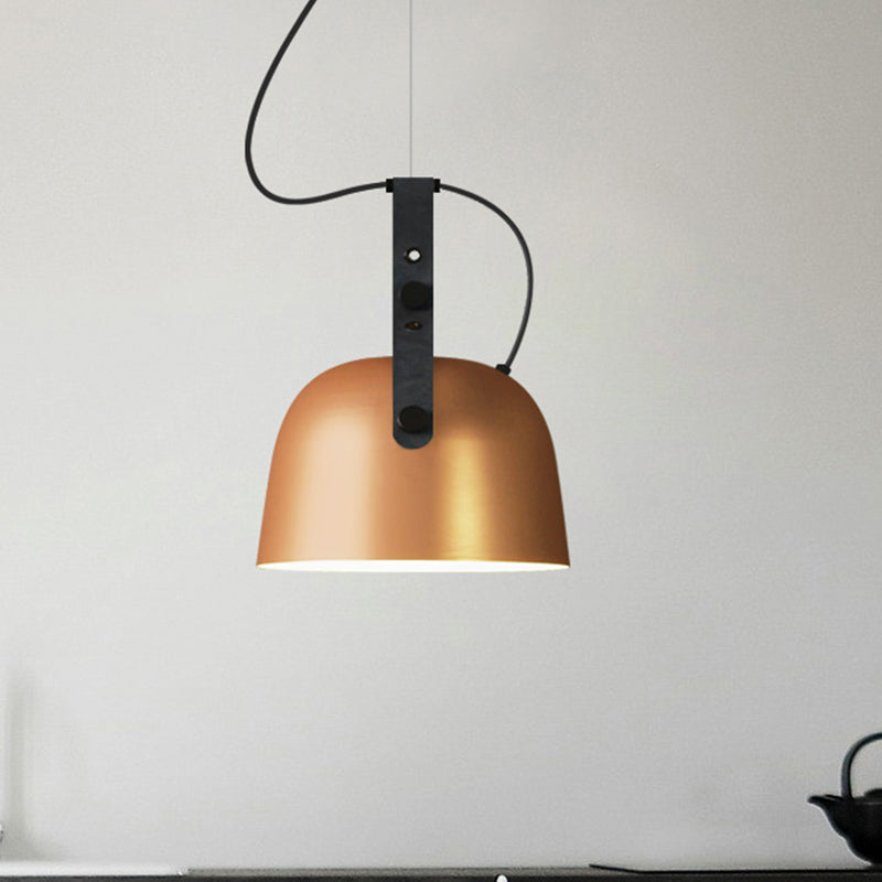 7"/9.5" Dia 1 Light Dome Hanging Lamp Industrial Style Black/Silver/Copper Metal Pendant Lighting with Leather Strap Clearhalo 'Ceiling Lights' 'Modern Pendants' 'Modern' 'Pendant Lights' 'Pendants' Lighting' 1136006