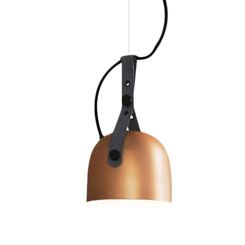 7"/9.5" Dia 1 Light Dome Hanging Lamp Industrial Style Black/Silver/Copper Metal Pendant Lighting with Leather Strap Clearhalo 'Ceiling Lights' 'Modern Pendants' 'Modern' 'Pendant Lights' 'Pendants' Lighting' 1136007