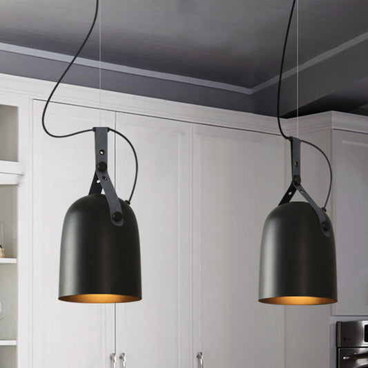 7"/9.5" Dia 1 Light Dome Hanging Lamp Industrial Style Black/Silver/Copper Metal Pendant Lighting with Leather Strap Black 7" Clearhalo 'Ceiling Lights' 'Modern Pendants' 'Modern' 'Pendant Lights' 'Pendants' Lighting' 1136008