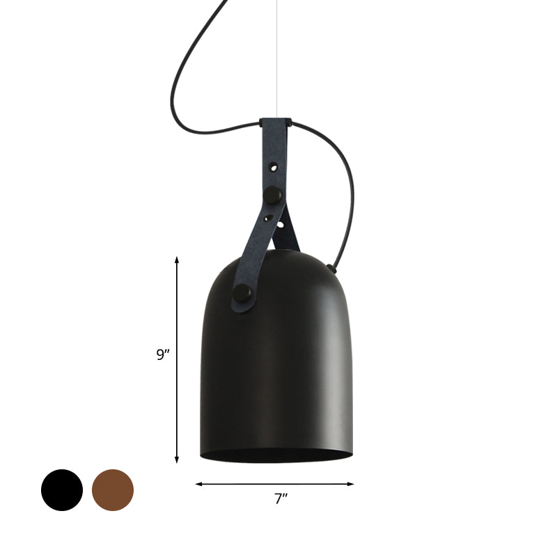 7"/9.5" Dia 1 Light Dome Hanging Lamp Industrial Style Black/Silver/Copper Metal Pendant Lighting with Leather Strap Clearhalo 'Ceiling Lights' 'Modern Pendants' 'Modern' 'Pendant Lights' 'Pendants' Lighting' 1136012