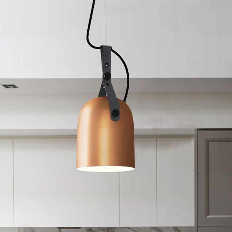 7"/9.5" Dia 1 Light Dome Hanging Lamp Industrial Style Black/Silver/Copper Metal Pendant Lighting with Leather Strap Copper 7" Clearhalo 'Ceiling Lights' 'Modern Pendants' 'Modern' 'Pendant Lights' 'Pendants' Lighting' 1136013