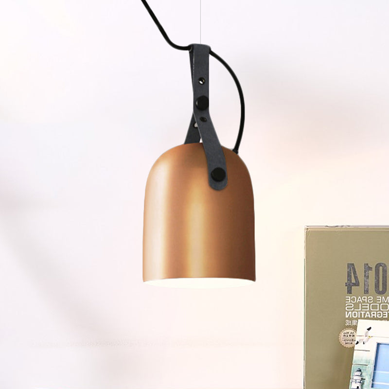 7"/9.5" Dia 1 Light Dome Hanging Lamp Industrial Style Black/Silver/Copper Metal Pendant Lighting with Leather Strap Clearhalo 'Ceiling Lights' 'Modern Pendants' 'Modern' 'Pendant Lights' 'Pendants' Lighting' 1136015