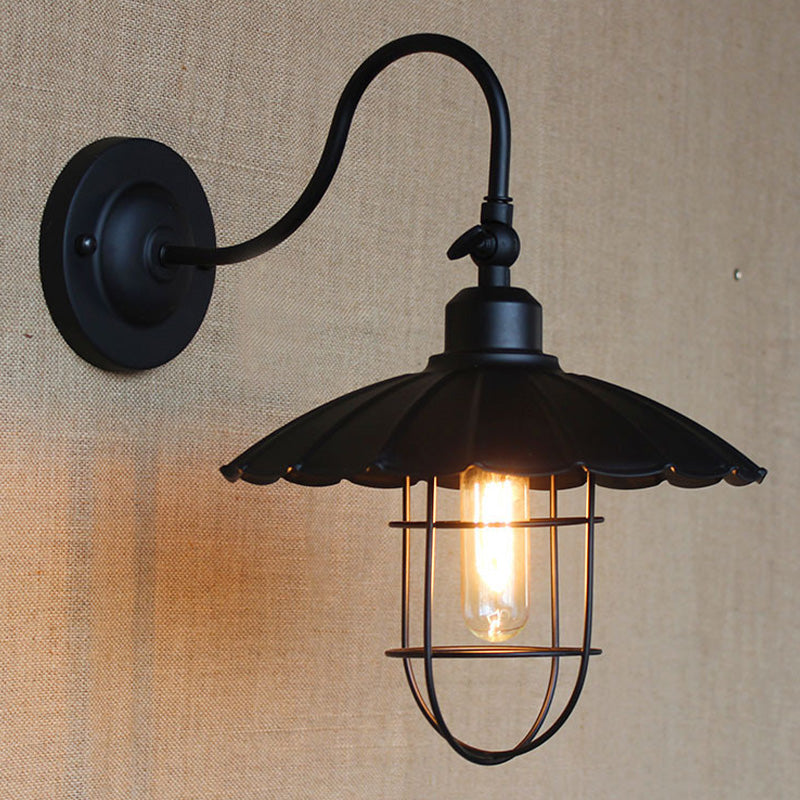 Scalloped Edge Metal Sconce Light with Cage Shade Nautical Style 1 Head Bedroom Wall Mounted Light in Black Clearhalo 'Art deco wall lights' 'Cast Iron' 'Glass' 'Industrial wall lights' 'Industrial' 'Middle century wall lights' 'Modern' 'Rustic wall lights' 'Tiffany' 'Traditional wall lights' 'Wall Lamps & Sconces' 'Wall Lights' Lighting' 1136022