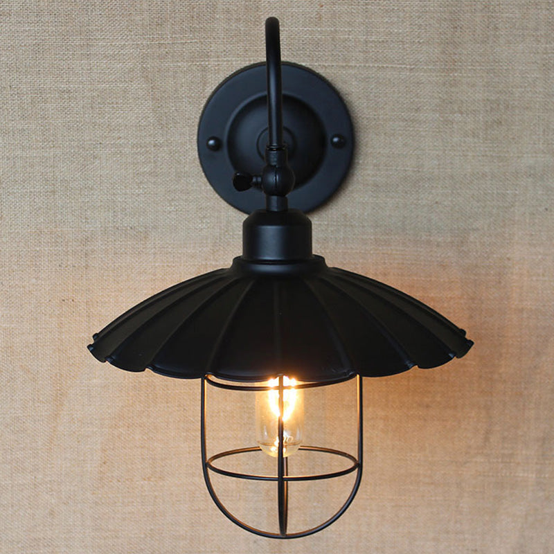 Scalloped Edge Metal Sconce Light with Cage Shade Nautical Style 1 Head Bedroom Wall Mounted Light in Black Clearhalo 'Art deco wall lights' 'Cast Iron' 'Glass' 'Industrial wall lights' 'Industrial' 'Middle century wall lights' 'Modern' 'Rustic wall lights' 'Tiffany' 'Traditional wall lights' 'Wall Lamps & Sconces' 'Wall Lights' Lighting' 1136023