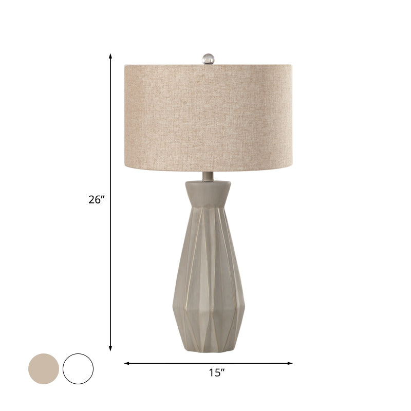 Beige/White 1 Head Night Table Lamp Rustic Fabric Drum Shade Nightstand Light for Bedside Clearhalo 'Lamps' 'Table Lamps' Lighting' 1136107