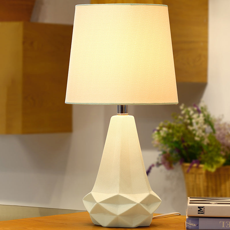 Single Bulb Night Stand Lamp Contemporary Conic Fabric Table Lighting with Diamond Ceramic Base in White Clearhalo 'Lamps' 'Table Lamps' Lighting' 1136113