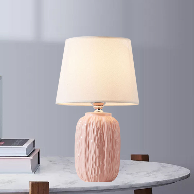 Single Hammered Ceramic Night Lamp Modern Pink/Blue/Yellow Oval Table Lighting with Tapered Lampshade Pink Clearhalo 'Lamps' 'Table Lamps' Lighting' 1136135