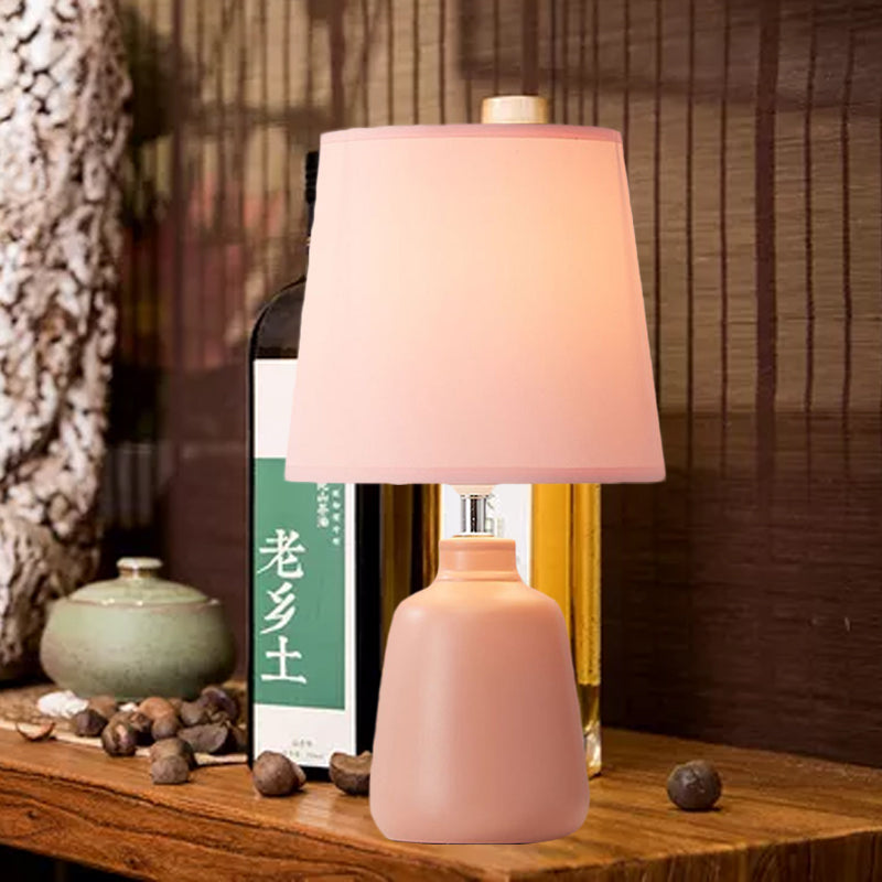 1-Light Smart Night Table Light Simple Jar Shaped Ceramic Nightstand Lamp with Tapered Fabric Shade in Pink/Green Pink Clearhalo 'Lamps' 'Table Lamps' Lighting' 1136150