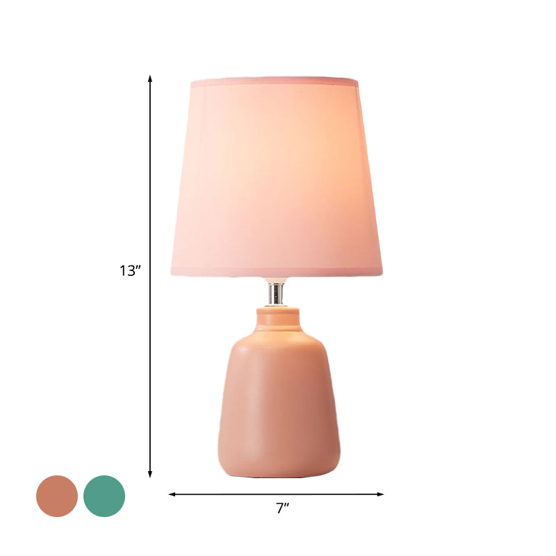 1-Light Smart Night Table Light Simple Jar Shaped Ceramic Nightstand Lamp with Tapered Fabric Shade in Pink/Green Clearhalo 'Lamps' 'Table Lamps' Lighting' 1136153