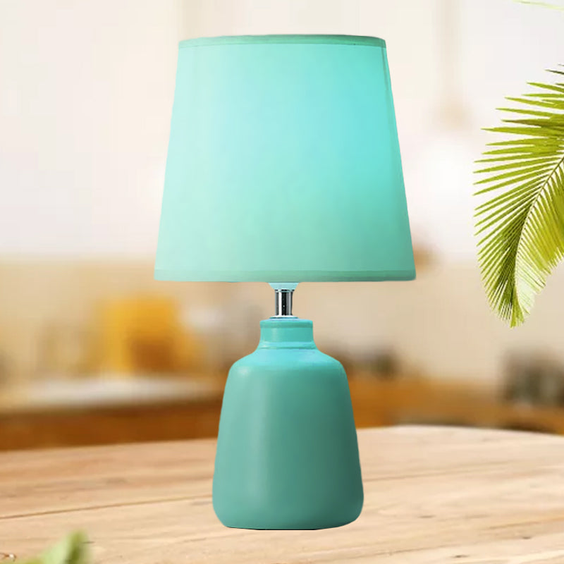 1-Light Smart Night Table Light Simple Jar Shaped Ceramic Nightstand Lamp with Tapered Fabric Shade in Pink/Green Green Clearhalo 'Lamps' 'Table Lamps' Lighting' 1136154