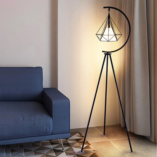 Black/Gold Finish Diamond Cage Floor Light Modernist 1 Light Metal Tri-Leg Standing Floor Lamp Black Clearhalo 'Floor Lamps' 'Lamps' Lighting' 1136274