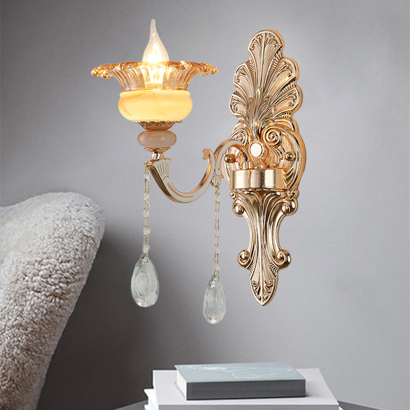 1/2-Head Wall Sconce Mid-Century Floral Crystal Wall Lighting Idea in Gold for Bedside 1.0 Gold Clearhalo 'Wall Lamps & Sconces' 'Wall Lights' Lighting' 1136285