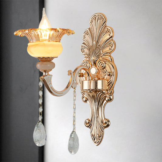 1/2-Head Wall Sconce Mid-Century Floral Crystal Wall Lighting Idea in Gold for Bedside Clearhalo 'Wall Lamps & Sconces' 'Wall Lights' Lighting' 1136286