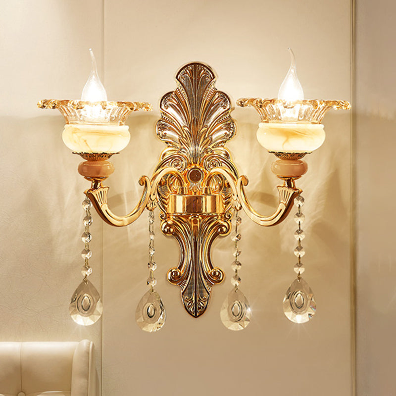 1/2-Head Wall Sconce Mid-Century Floral Crystal Wall Lighting Idea in Gold for Bedside 2.0 Gold Clearhalo 'Wall Lamps & Sconces' 'Wall Lights' Lighting' 1136289