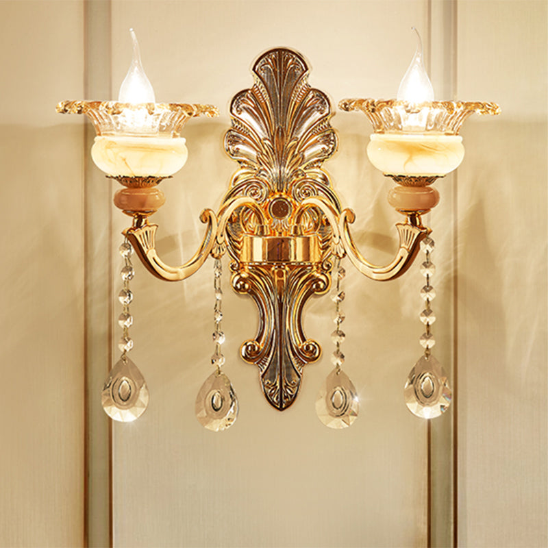 1/2-Head Wall Sconce Mid-Century Floral Crystal Wall Lighting Idea in Gold for Bedside Clearhalo 'Wall Lamps & Sconces' 'Wall Lights' Lighting' 1136291