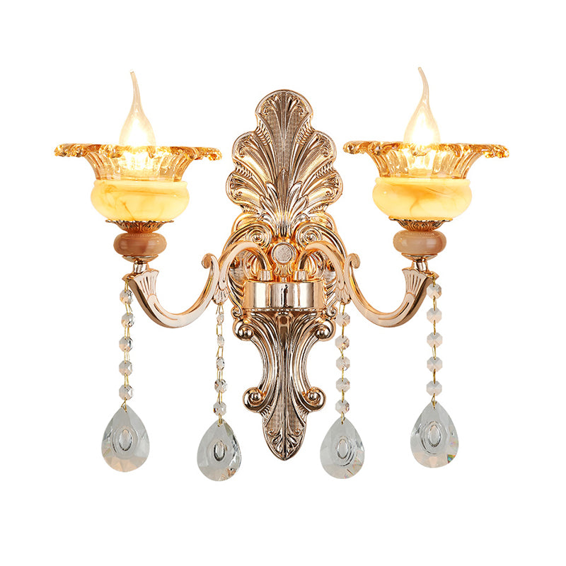 1/2-Head Wall Sconce Mid-Century Floral Crystal Wall Lighting Idea in Gold for Bedside Clearhalo 'Wall Lamps & Sconces' 'Wall Lights' Lighting' 1136292