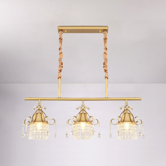 Gold Cylinder Island Pendant Light Postmodern 3 Heads Crystal Teardrop Hanging Ceiling Lamp Gold Clearhalo 'Ceiling Lights' 'Island Lights' Lighting' 1136305