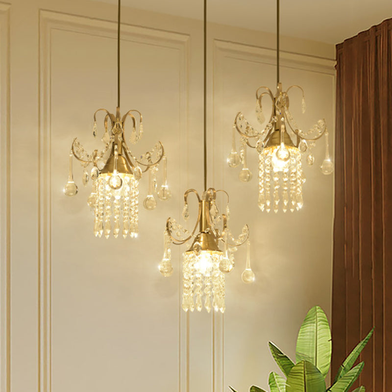 Cylinder Multi Ceiling Light Modernist Crystal Droplet 3 Lights Dining Room Pendant in Brass Brass Clearhalo 'Ceiling Lights' 'Modern Pendants' 'Modern' 'Pendant Lights' 'Pendants' Lighting' 1136316