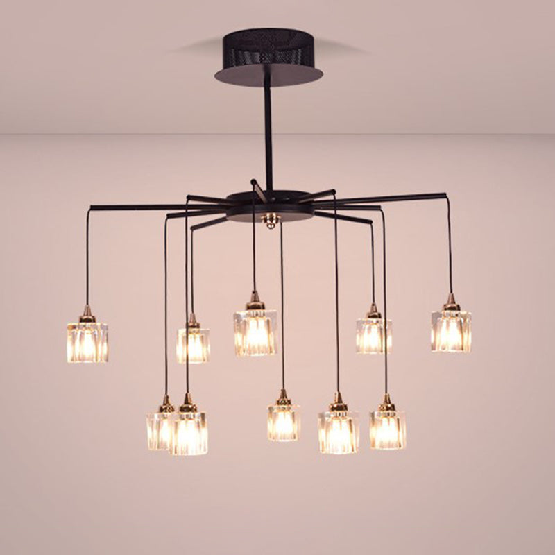 Black Finish Radial Ceiling Chandelier Modernist 10 Lights Metal Pendant with Cube Clear Crystal Shade Black Clearhalo 'Ceiling Lights' 'Chandeliers' 'Modern Chandeliers' 'Modern' Lighting' 1136328