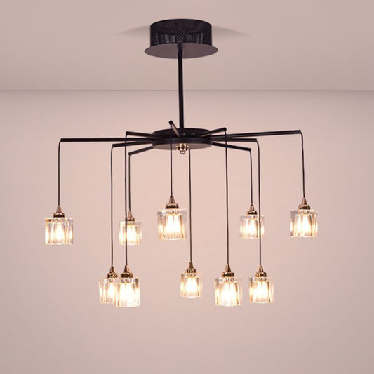 Black Finish Radial Ceiling Chandelier Modernist 10 Lights Metal Pendant with Cube Clear Crystal Shade Black Clearhalo 'Ceiling Lights' 'Chandeliers' 'Modern Chandeliers' 'Modern' Lighting' 1136328