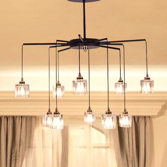 Black Finish Radial Ceiling Chandelier Modernist 10 Lights Metal Pendant with Cube Clear Crystal Shade Clearhalo 'Ceiling Lights' 'Chandeliers' 'Modern Chandeliers' 'Modern' Lighting' 1136329