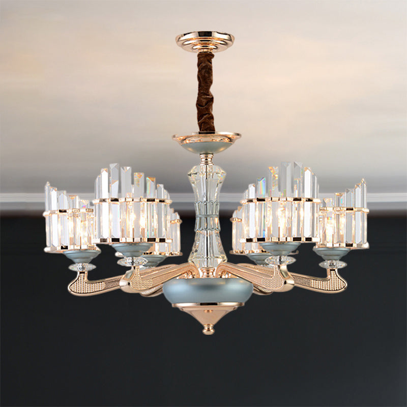 Crystal Block Arced Panel Chandelier Contemporary 6 Bulbs Gold Pendulum Light with Blue Ceramics Detail Blue Clearhalo 'Ceiling Lights' 'Chandeliers' 'Modern Chandeliers' 'Modern' Lighting' 1136339