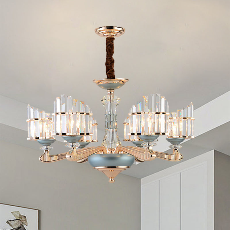 Crystal Block Arced Panel Chandelier Contemporary 6 Bulbs Gold Pendulum Light with Blue Ceramics Detail Clearhalo 'Ceiling Lights' 'Chandeliers' 'Modern Chandeliers' 'Modern' Lighting' 1136340