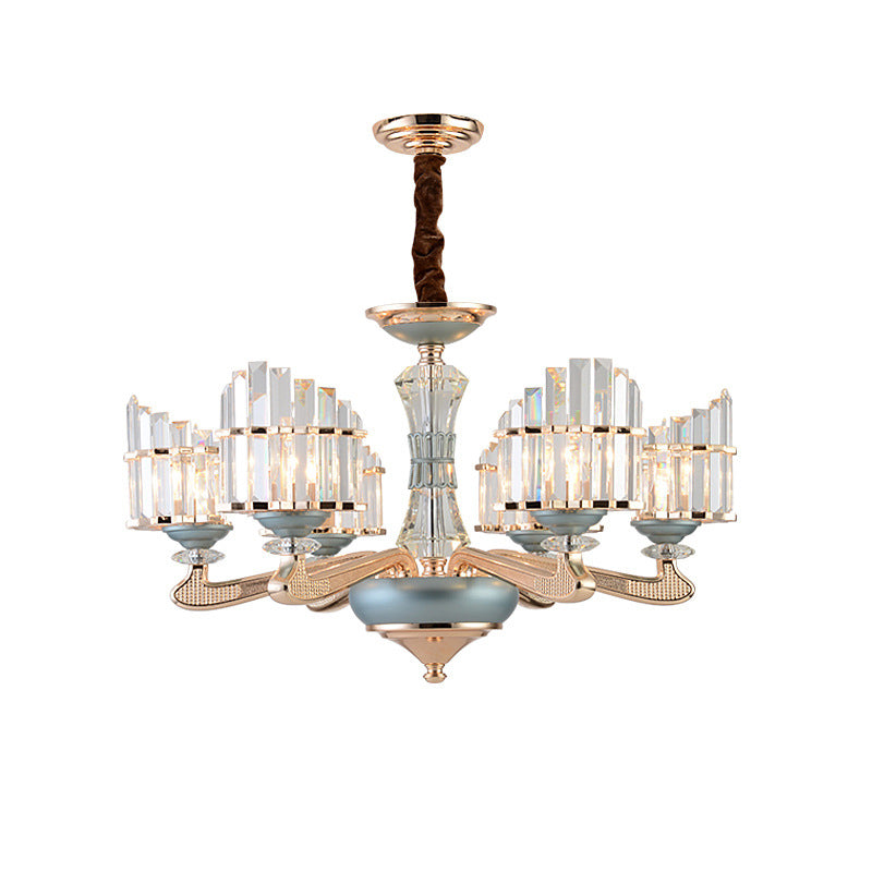 Crystal Block Arced Panel Chandelier Contemporary 6 Bulbs Gold Pendulum Light with Blue Ceramics Detail Clearhalo 'Ceiling Lights' 'Chandeliers' 'Modern Chandeliers' 'Modern' Lighting' 1136341