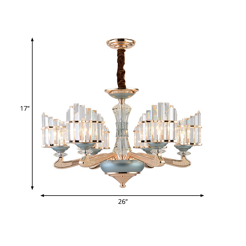 Crystal Block Arced Panel Chandelier Contemporary 6 Bulbs Gold Pendulum Light with Blue Ceramics Detail Clearhalo 'Ceiling Lights' 'Chandeliers' 'Modern Chandeliers' 'Modern' Lighting' 1136342