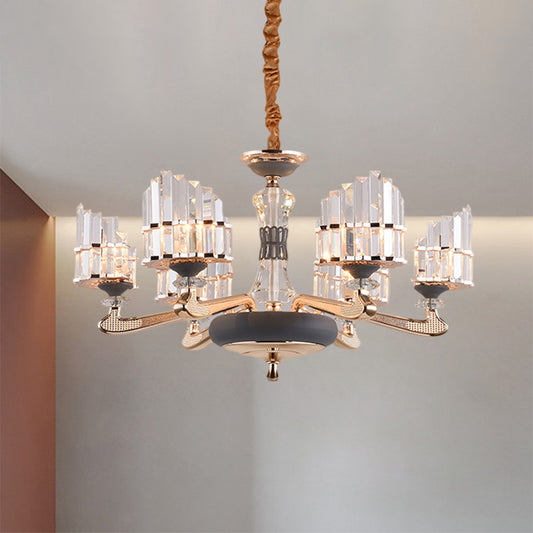 Arced Panel Pendant Chandelier Modernist Clear Crystal Block 6-Light Dining Room Ceiling Hang Fixture in Gold Gold Clearhalo 'Ceiling Lights' 'Chandeliers' 'Modern Chandeliers' 'Modern' Lighting' 1136343