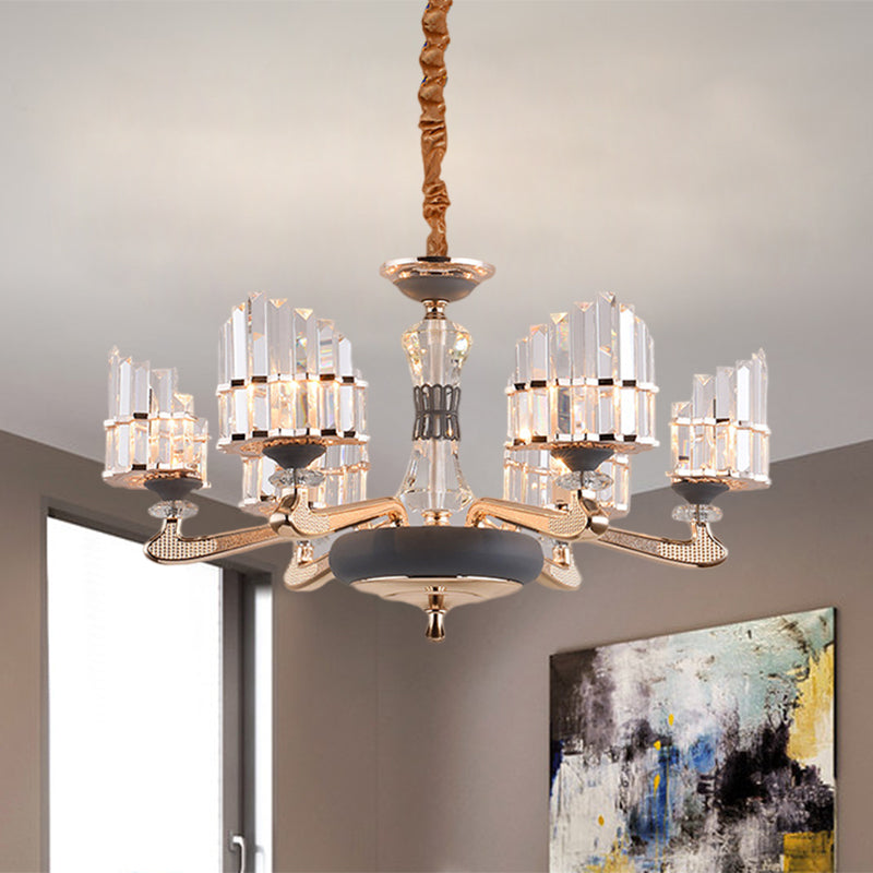 Arced Panel Pendant Chandelier Modernist Clear Crystal Block 6-Light Dining Room Ceiling Hang Fixture in Gold Clearhalo 'Ceiling Lights' 'Chandeliers' 'Modern Chandeliers' 'Modern' Lighting' 1136344