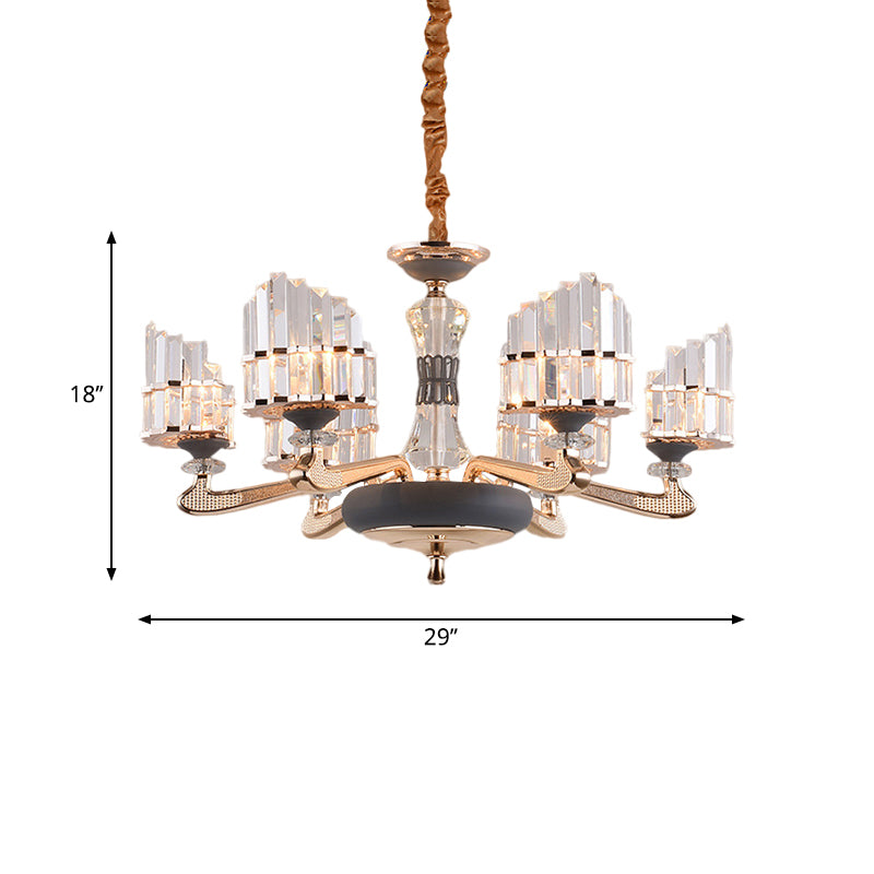 Arced Panel Pendant Chandelier Modernist Clear Crystal Block 6-Light Dining Room Ceiling Hang Fixture in Gold Clearhalo 'Ceiling Lights' 'Chandeliers' 'Modern Chandeliers' 'Modern' Lighting' 1136346