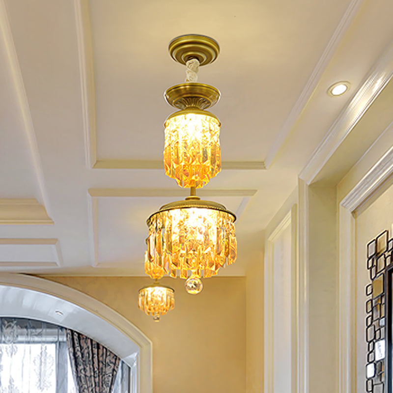 LED Suspension Light with 2-Tier Cylinder Shade Umber Crystal Modernist Hallway LED Hanging Chandelier in Gold Gold Clearhalo 'Ceiling Lights' 'Chandeliers' 'Modern Chandeliers' 'Modern' Lighting' 1136351