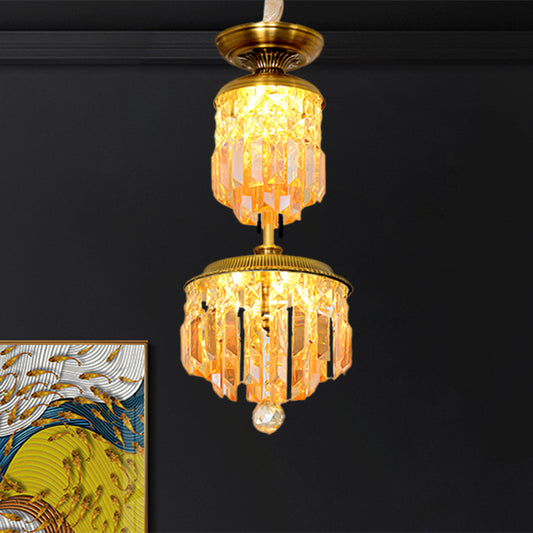 LED Suspension Light with 2-Tier Cylinder Shade Umber Crystal Modernist Hallway LED Hanging Chandelier in Gold Clearhalo 'Ceiling Lights' 'Chandeliers' 'Modern Chandeliers' 'Modern' Lighting' 1136352