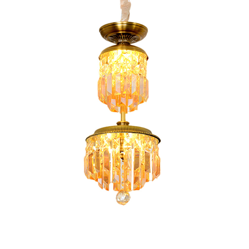 LED Suspension Light with 2-Tier Cylinder Shade Umber Crystal Modernist Hallway LED Hanging Chandelier in Gold Clearhalo 'Ceiling Lights' 'Chandeliers' 'Modern Chandeliers' 'Modern' Lighting' 1136353