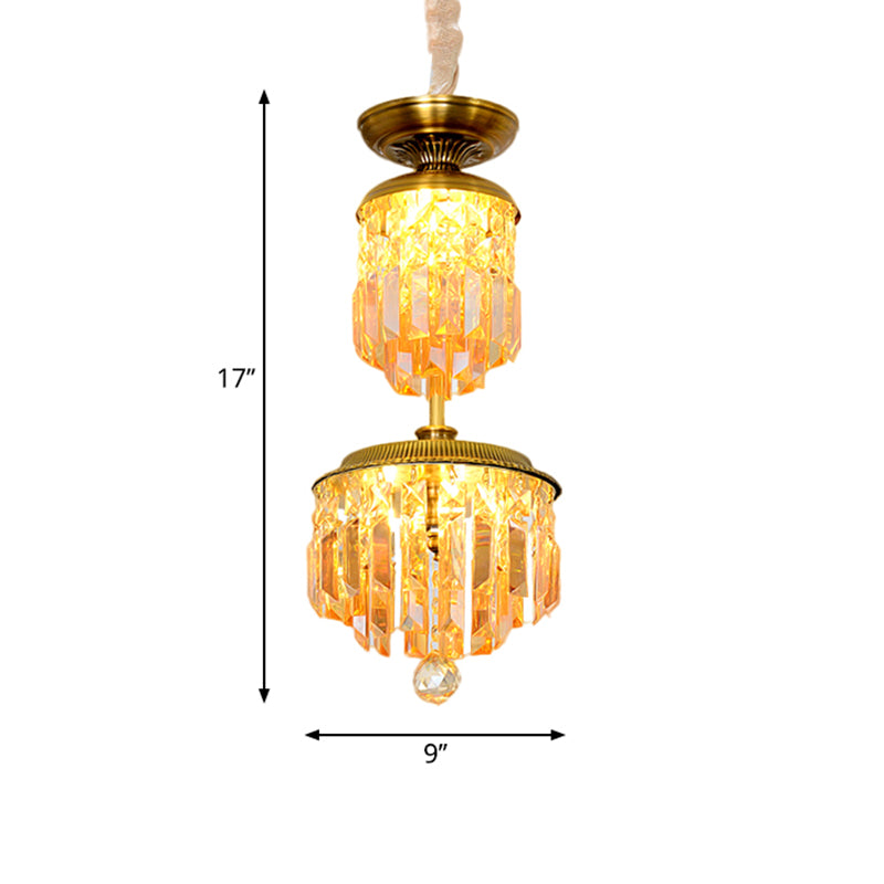 LED Suspension Light with 2-Tier Cylinder Shade Umber Crystal Modernist Hallway LED Hanging Chandelier in Gold Clearhalo 'Ceiling Lights' 'Chandeliers' 'Modern Chandeliers' 'Modern' Lighting' 1136354