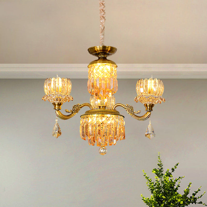 Mid Century Floral Ceiling Chandelier 3 Heads Amber Crystal Pendulum Light in Brass Clearhalo 'Ceiling Lights' 'Chandeliers' Lighting' options 1136359