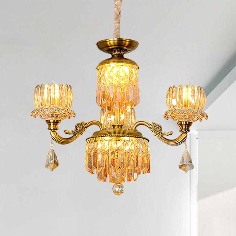 Mid Century Floral Ceiling Chandelier 3 Heads Amber Crystal Pendulum Light in Brass Clearhalo 'Ceiling Lights' 'Chandeliers' Lighting' options 1136360