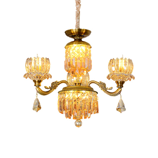 Mid Century Floral Ceiling Chandelier 3 Heads Amber Crystal Pendulum Light in Brass Clearhalo 'Ceiling Lights' 'Chandeliers' Lighting' options 1136361