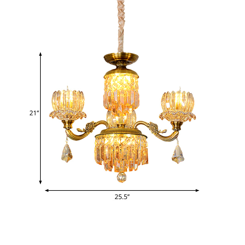 Mid Century Floral Ceiling Chandelier 3 Heads Amber Crystal Pendulum Light in Brass Clearhalo 'Ceiling Lights' 'Chandeliers' Lighting' options 1136362