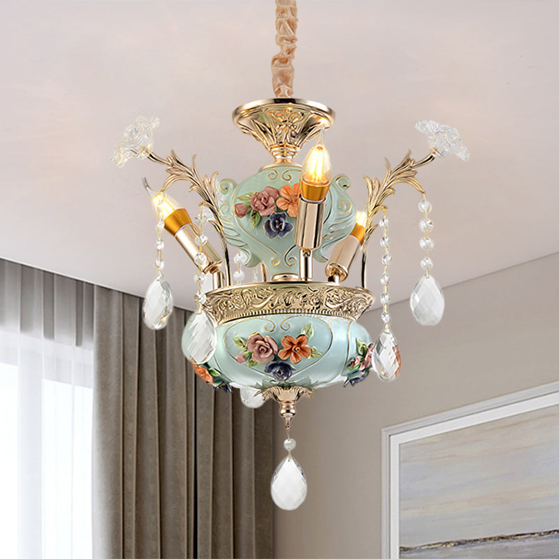 Ceramics Candelabra Suspension Lamp Contemporary 3 Bulbs Dining Room Hanging Chandelier in Blue with Crystal Accent Blue Clearhalo 'Ceiling Lights' 'Chandeliers' 'Modern Chandeliers' 'Modern' Lighting' 1136363