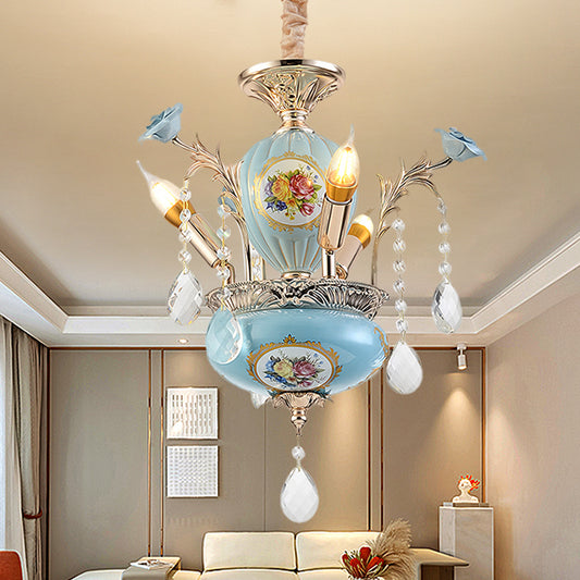 Blue 2 Layer Hanging Chandelier Traditional Ceramics 3-Light Corridor Ceiling Pendant Lamp Clearhalo 'Ceiling Lights' 'Chandeliers' 'Modern Chandeliers' 'Modern' Lighting' 1136368