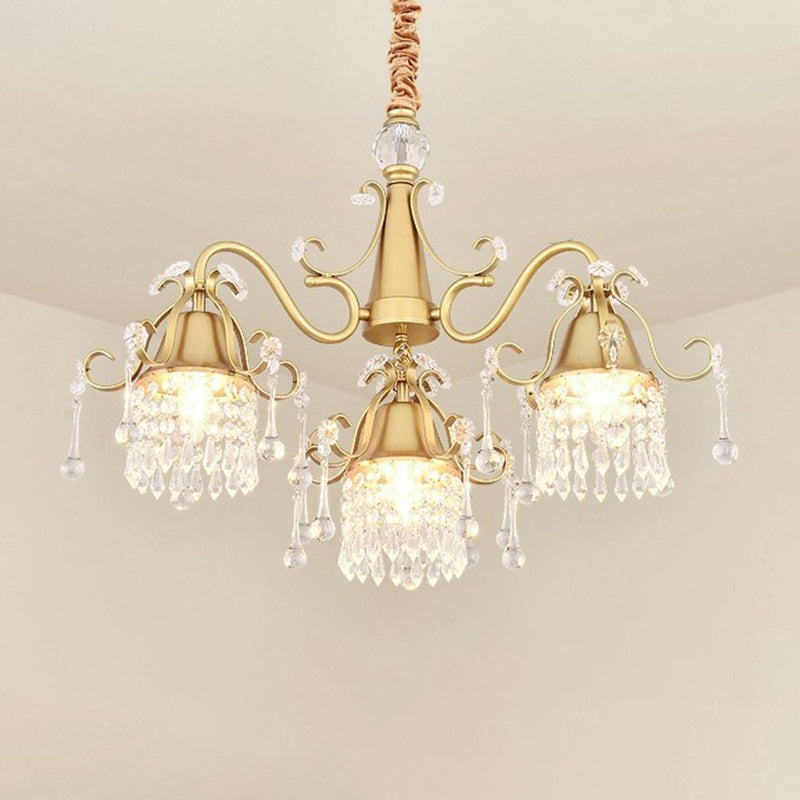 Gold 3 Heads Pendulum Lighting Post Modern Crystal Drip Cylinder Hanging Chandelier for Bedroom Gold Clearhalo 'Ceiling Lights' 'Chandeliers' 'Modern Chandeliers' 'Modern' Lighting' 1136378