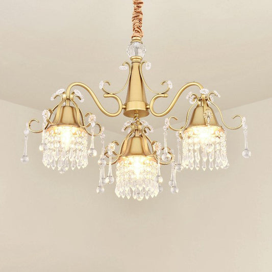 Gold 3 Heads Pendulum Lighting Post Modern Crystal Drip Cylinder Hanging Chandelier for Bedroom Gold Clearhalo 'Ceiling Lights' 'Chandeliers' 'Modern Chandeliers' 'Modern' Lighting' 1136378