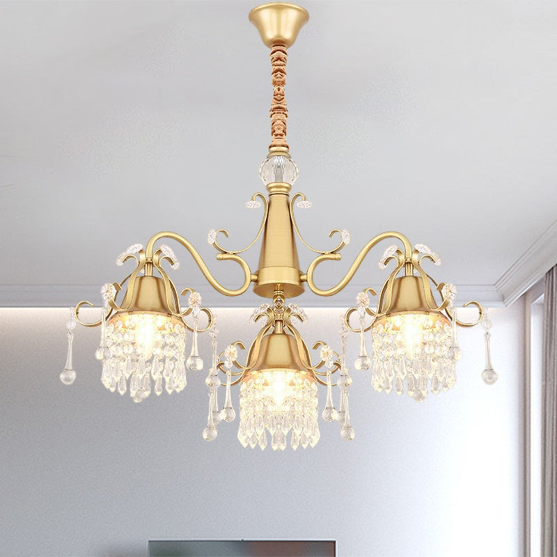 Gold 3 Heads Pendulum Lighting Post Modern Crystal Drip Cylinder Hanging Chandelier for Bedroom Clearhalo 'Ceiling Lights' 'Chandeliers' 'Modern Chandeliers' 'Modern' Lighting' 1136379